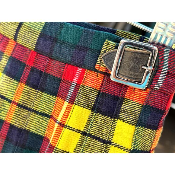 VTG Yellow Red Tartan Plaid Pleat Kilt Wrap Skirt Size XS/S Buckle Thru Closure - Picture 2 of 8